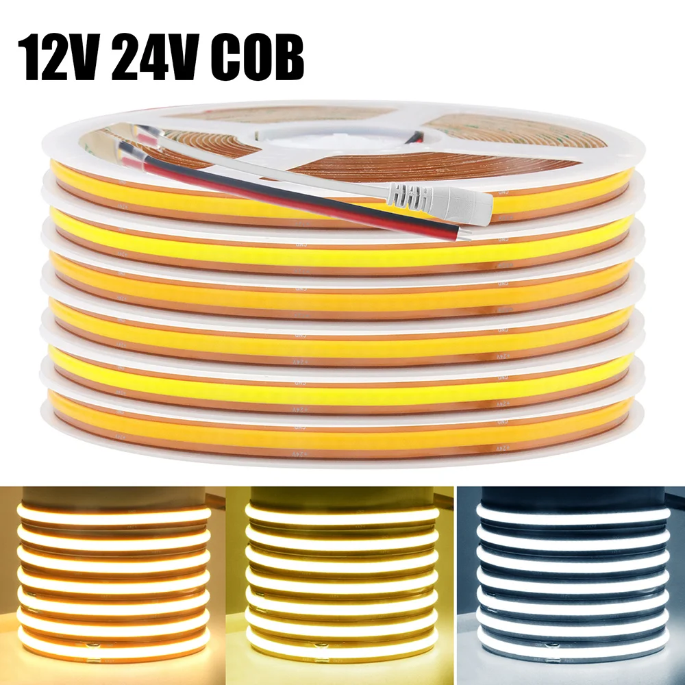 COB LED Strip Light Free Cut 12V 24V 1m 2m 5m 10m 0.5m Flexible Tape 528LEDs/M High Density Linear Lighting Warm/Natural White