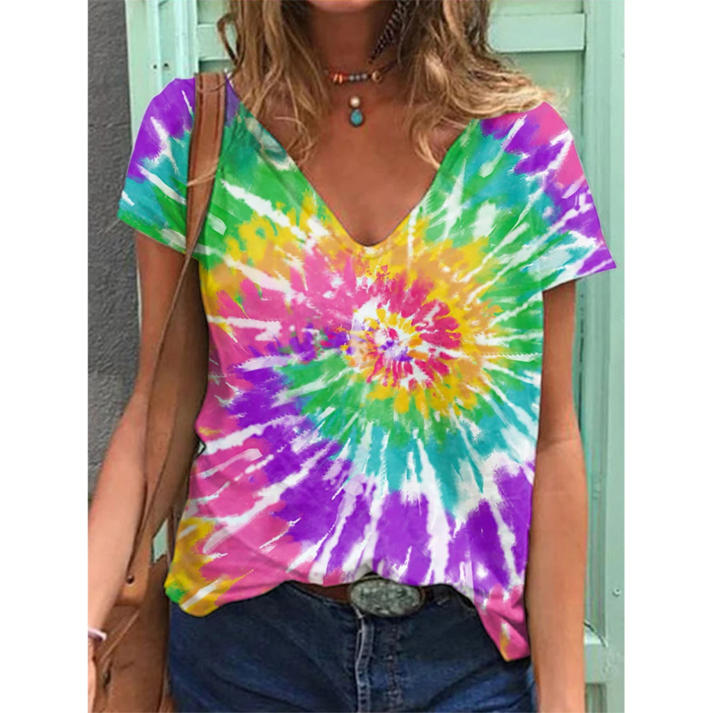 

Summer Colorful Tie Dye 3D Print T-Shirts Women's Plus Size T Shirt Streetwear Y2K Top Casual V Neck Woman Clothing Ladies Tees