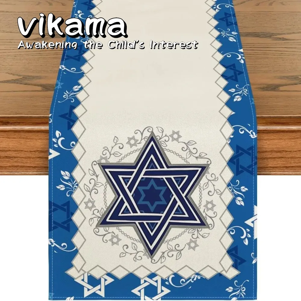 VIKAMA Elegant Linen Tablecloth | Star of David Seven-Branch Candlestick Design, Ideal for Passover Table Party Decorations