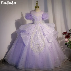 2025 Luxury Embroidery Beads Princess Dresses For Girls Purple Sequined Ruffles Ball Gown Long Birthday Party Catwalk Show