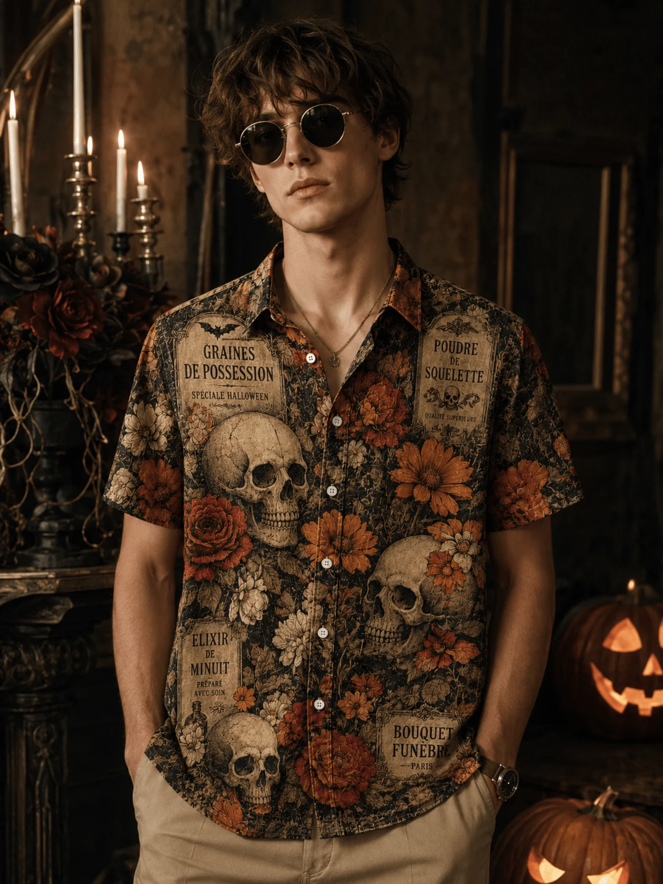 Men's short sleeve button shirt random skull floral halloween print lapel hawaiian top retro goth for party festival daily wear