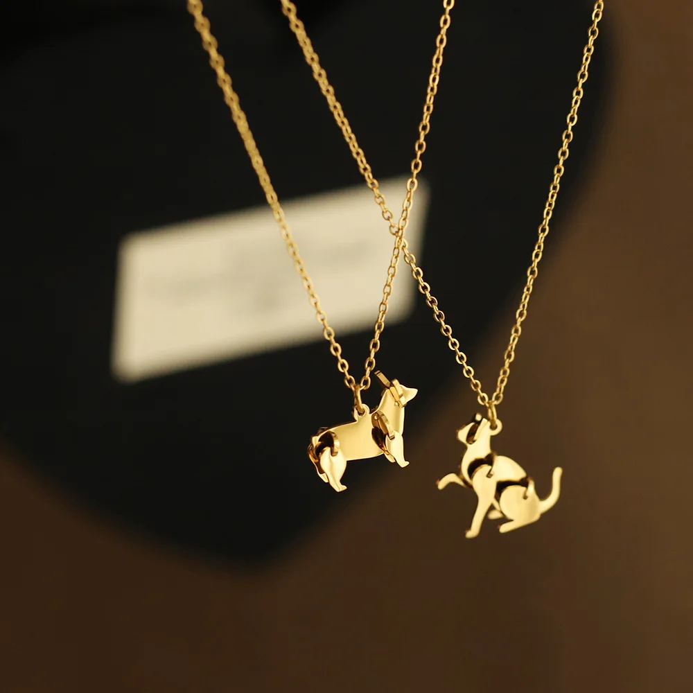 2024 Cute Building Block Cats Dogs Pendant Necklace for Women 316L Stainless Steel Gold Clavicle Chain Daily Jewelry