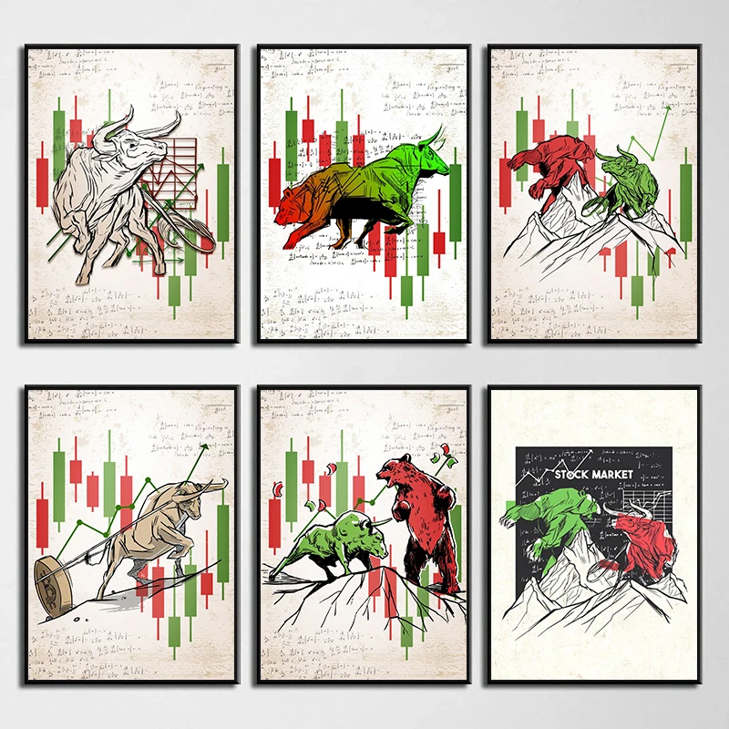 Bears Vs Bulls Stock Trading Market Poster Print Canvas Painting Motivational Wall Art Picture for Office Living Room Home Decor