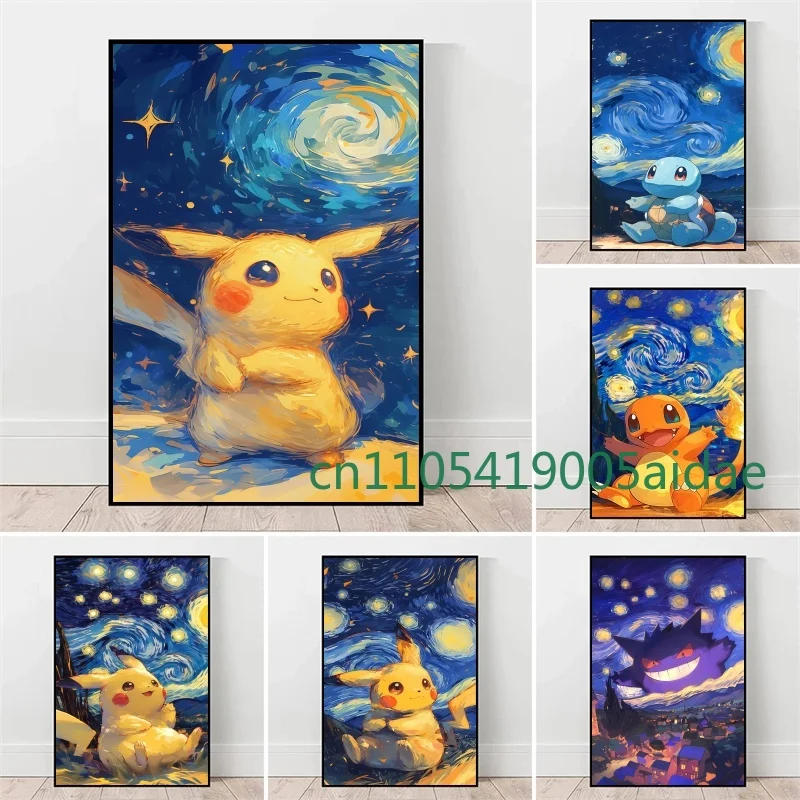 

Classic Van Gogh Series Canvas Painting Pokemon Pikachu Anime Poster Prints HD Home Room Comics Pictures Art Decor Holiday Gift