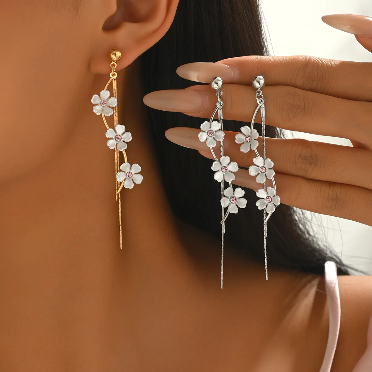 1Pair Floral Tassel Dangle Earrings, White Flower With Pink Crystal Long Chain Drop Earrings Elegant Sweet Fashion Ornaments