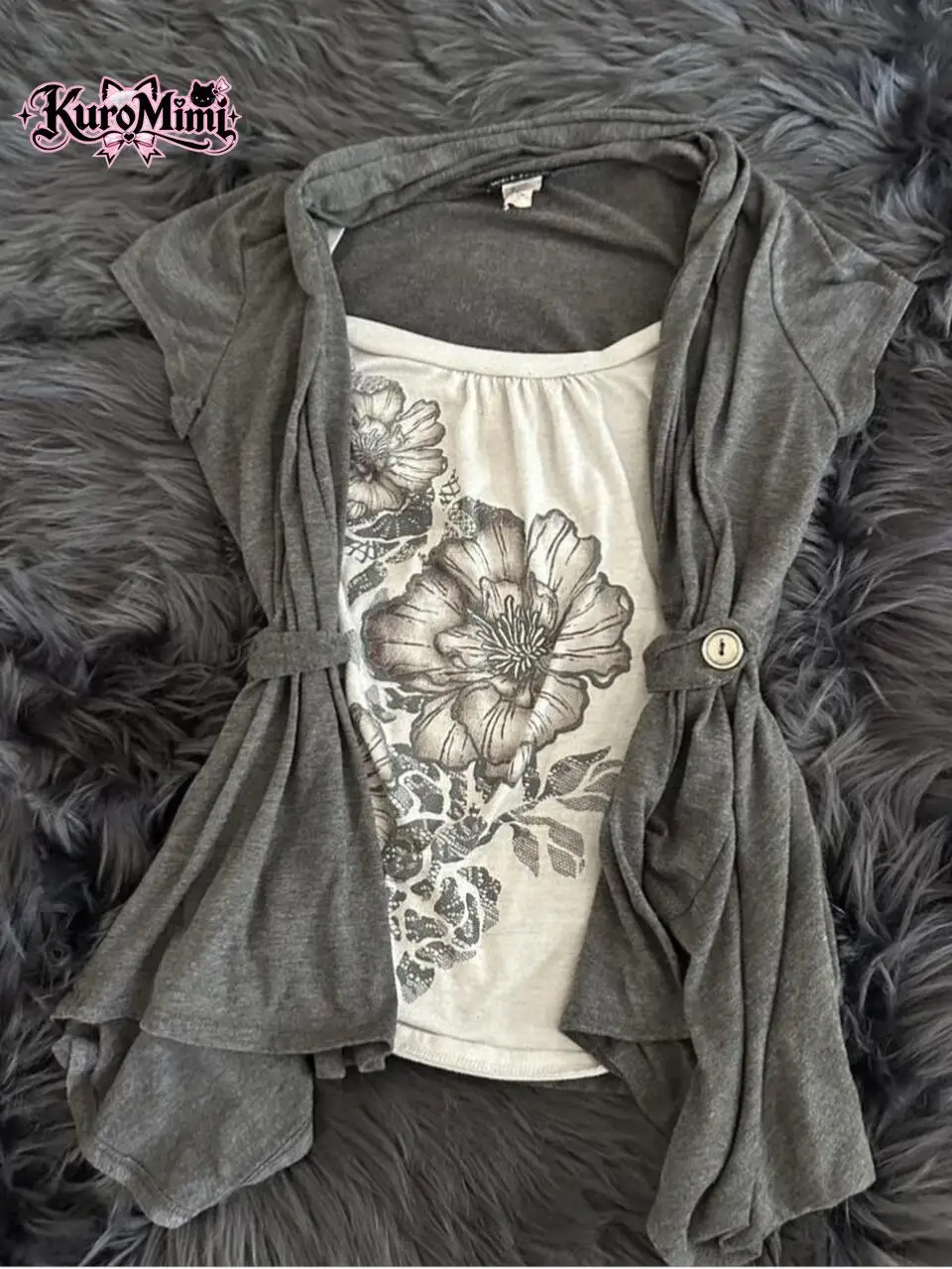 Y2K Vintage 2 Piece Set Women Sketch Floral Print Square Neck Short Sleeve Top Tie Waist Cardigan Slim Fit Sexy Daily Outfit