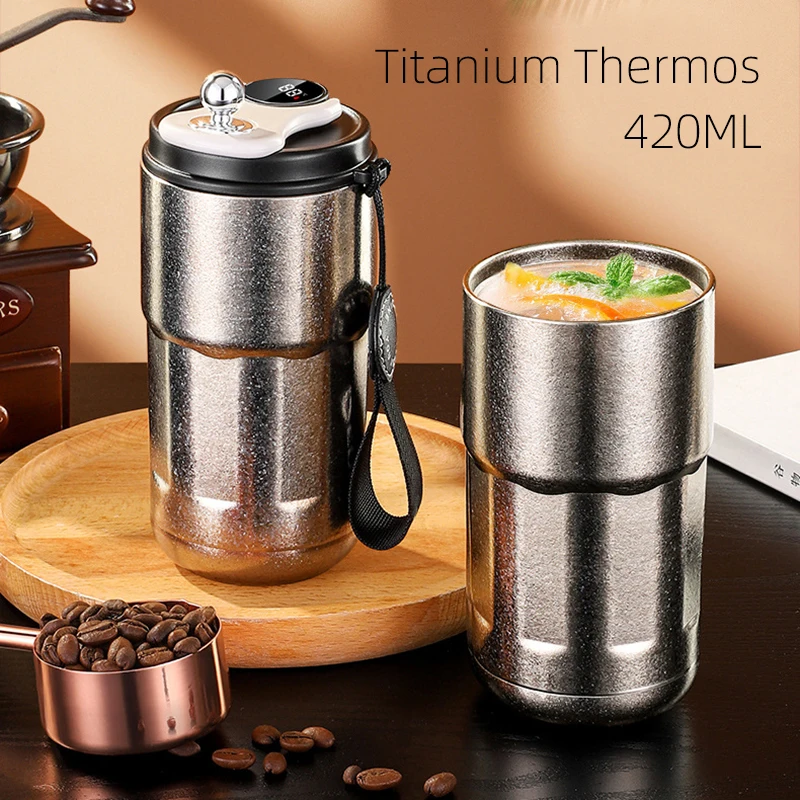 Taza de café de titanio con pantalla de temperatura, termo de doble pared de 420ML, frascos de vacío, vaso Themal portátil, botella termo de titanio