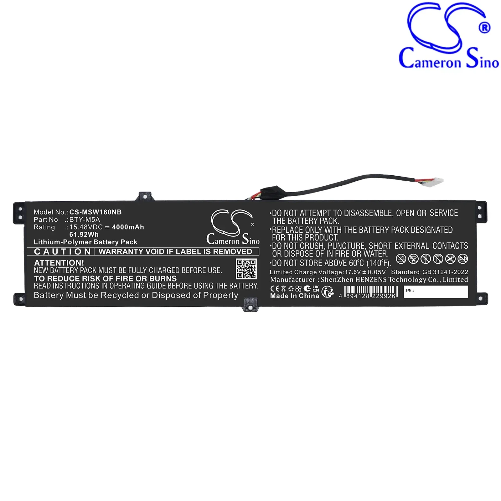 Replacement 15.48V 4000mAh Laptop Battery for MSI B14VFKG-056UK Sword 16 HX B14VFKG-056UK C14VFG C14VGG C14VEG BTY-M5A
