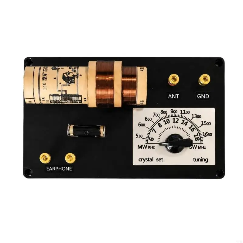 Mineral Radio Receiver with a Visible Tuning Control, Black Panel, Copper-Color Windings, and Separate Ground and Earphone 896C