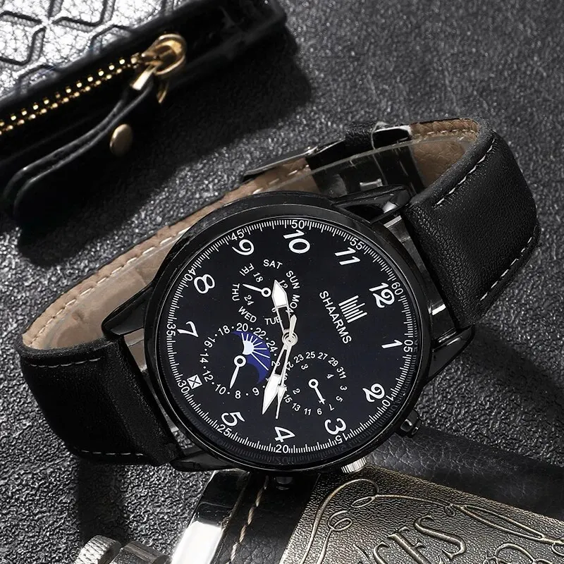 Fashion Mens Watches Wallet Glasses For Men Retro Black Bussiness Quartz Watch Male Casual Watch Relogio Masculino