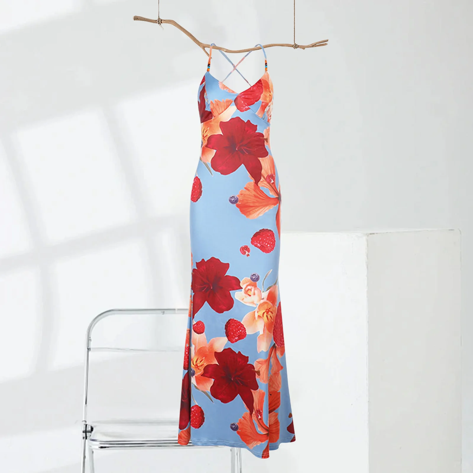 New Womens Floral Print Cami Dress Sleeveless Spaghetti Strap V-Neck Back Cross Slim Long Dress Club Street Style S M L