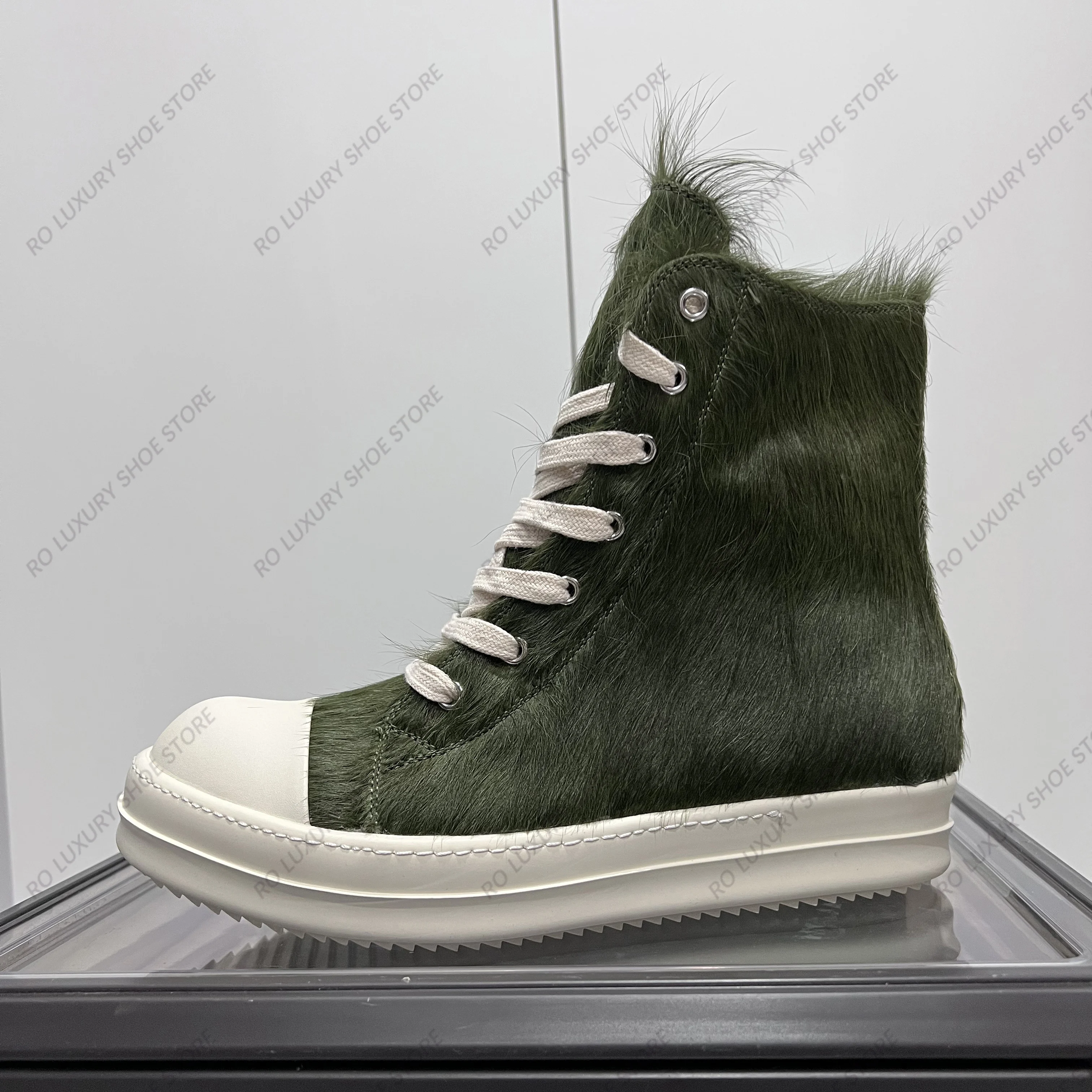 

Brand Casual Men Boot Horse Fur Leather Rowen Women Sneaker Green High Top Laces Quality Designer Fashion Thick-sole Flat Shoe