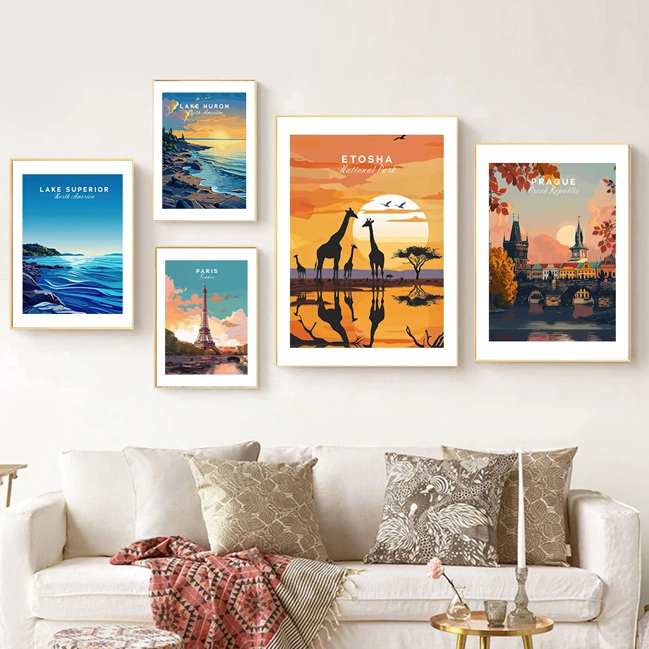 Travel Print Sunset Seascape City Street Sea Wave Giraffe At Sunset Fashion Wall Art Canvas Painting Nordic Poster Room Decor