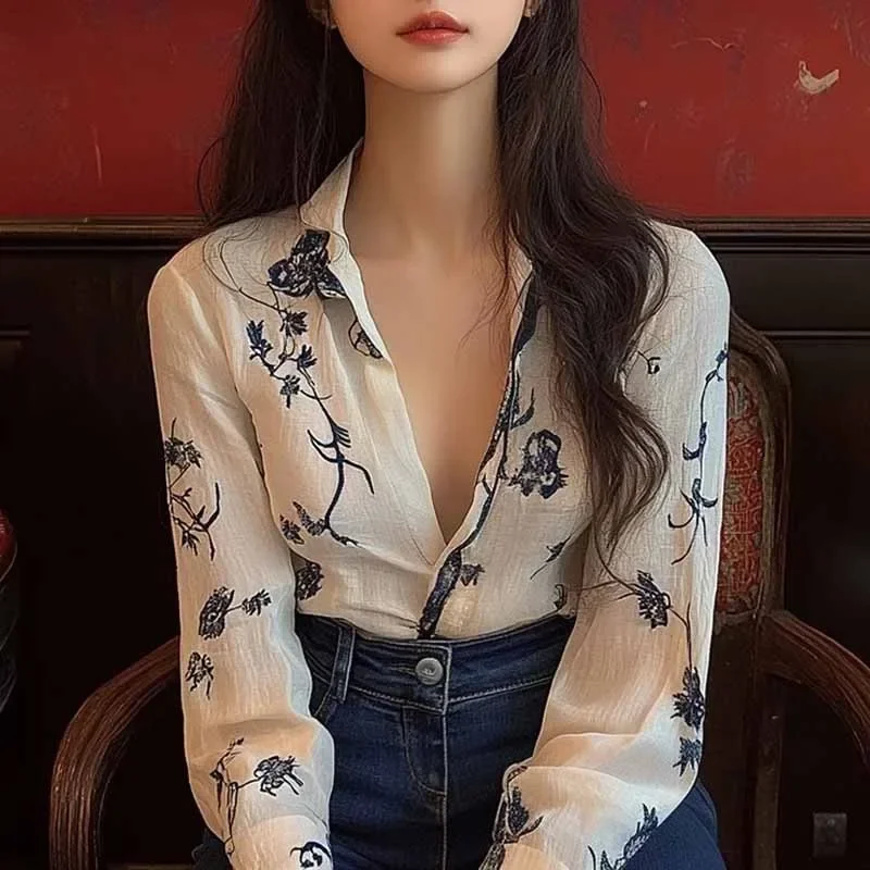 

Vintage Prints Women's Blouses Spring/summer New Korean Shirt Slim Long Sleeves Tops V-neck FASHION Clothing Sales