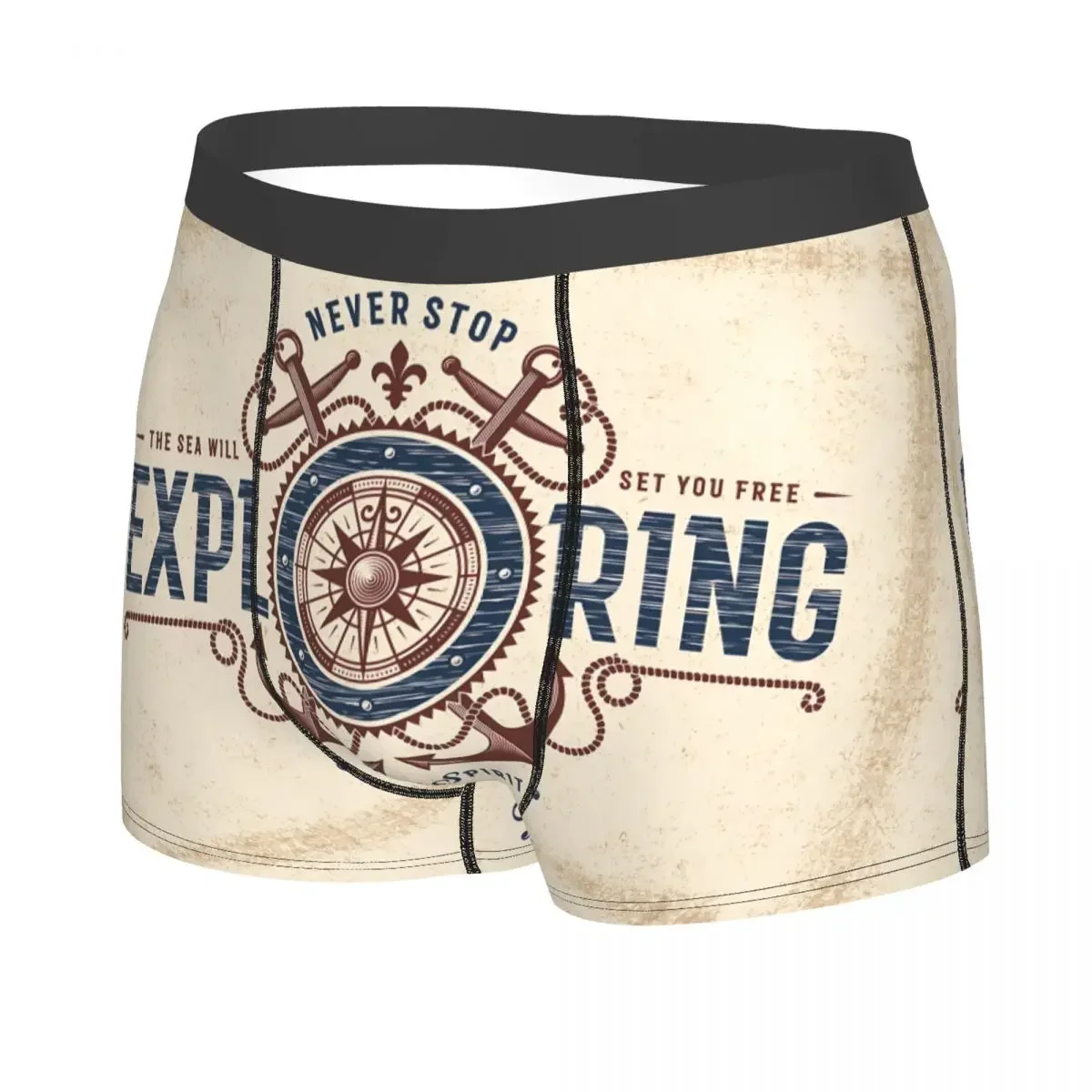 Vintage Never Stop Exploring Man's Boxer Briefs Underwear Ocean Compass Highly Breathable High Quality Sexy Shorts Gift Idea