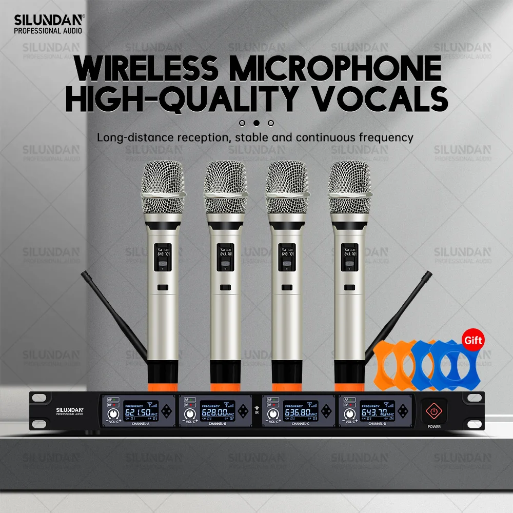 

Professional 4 Channels Wireless Microphone Handheld Lavalier Headset Karaoke UHF 80M Distance Use For Family Gatherings Stage