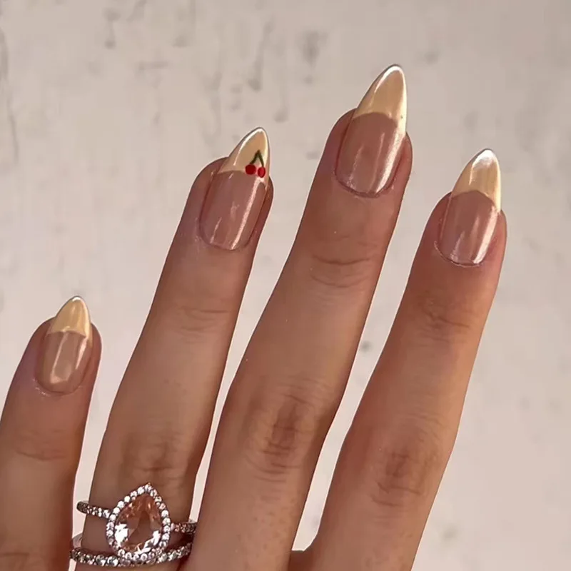 

24pcs Finished Press on Nails Sets Detachable Simple French Tips Mid-length Almond Fake Nail Art with Cherry Design False Nail