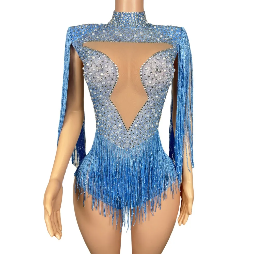 Blue Tassel Rhinestones Bodysuit Sexy Transparent Mesh Women Nightclub Stage Dance Performance Costume Party Show Fringe Leotard