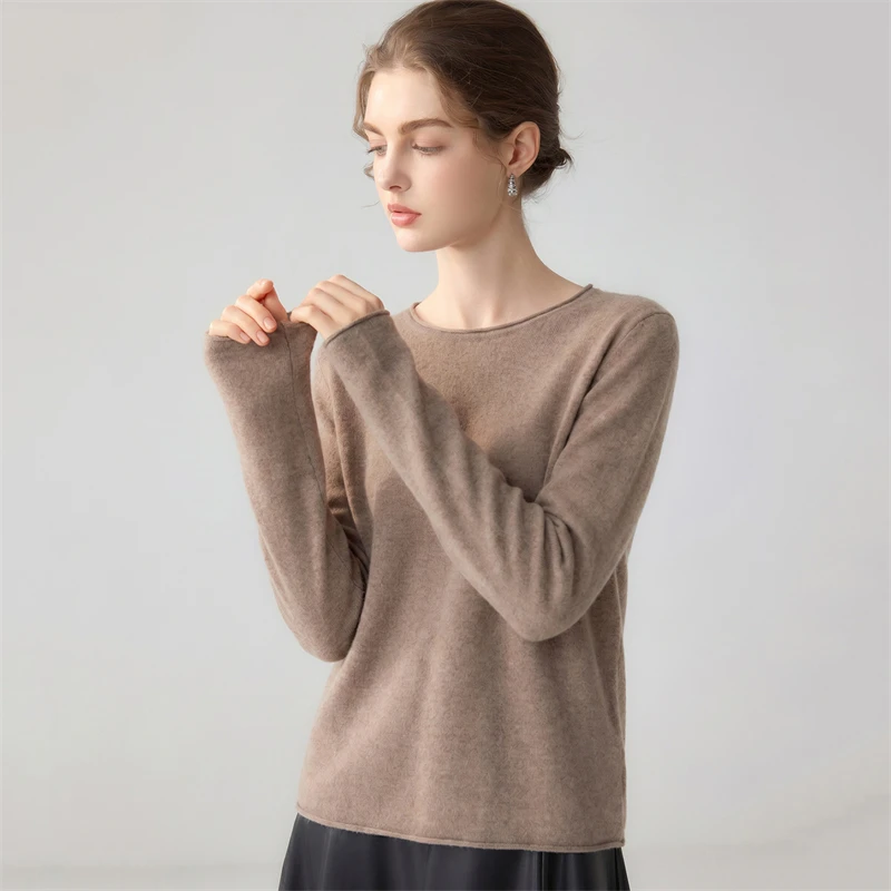 One line seamless 100% pure cashmere sweater for women, rolled edge round neck pullover, long sleeved knitted sweater, base swea