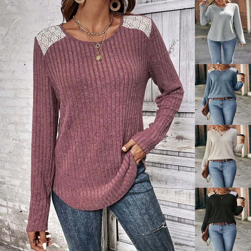 2023 New Women's Clothing Solid Color Autumn Winter Crew Neck Long SleeveKnitted Lace Office Lady FashionCasualengland Pullovers