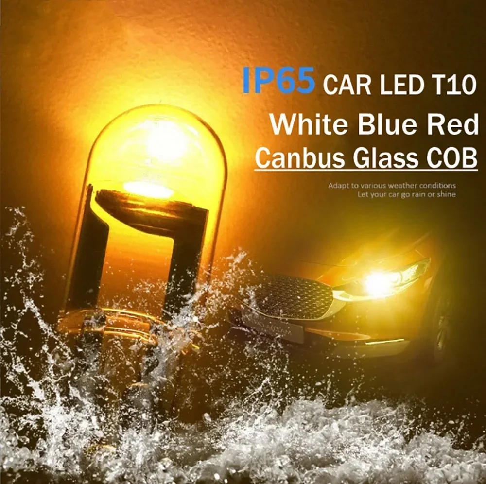 10PCS T10 W5W LED CAR Canbus Glass COB 6000k Reading Dome Lamp Marker Wedge License Plate Light Bulb 168 194 192 DC 12V White