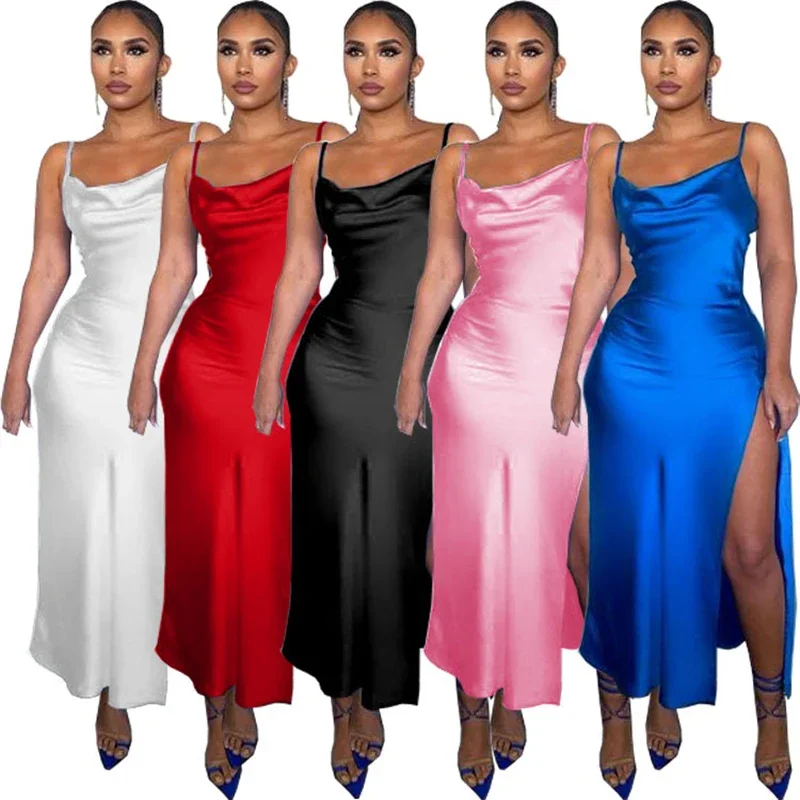 Sexy Strecth Spaghetti Strap Party Long Dresses for Women Elegant Evening Night Club Backless High Split Elastic Prom Maxi Dress