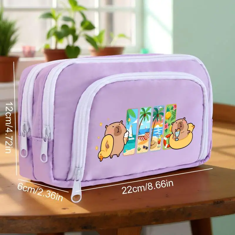1PC Capybara Large Capacity Pencil Case 3 Layer Zipper Pencil Bag Multi Compartment Organizer Portable Pen Pouch School Supplies