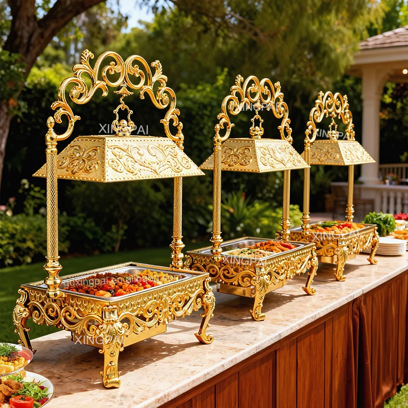 XINGPAI Luxury Gold Hanging Lid Chafing Dish Buffet Set Serving Catering Stainless Steel Food Warmer for Hotel Wedding