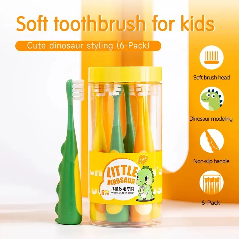 Soft Toothbrush for Kids Children Babies Cute Dinosaur Styling 6 PCS Per Pack Non-slip Handle Oral Care Soft Brush Head