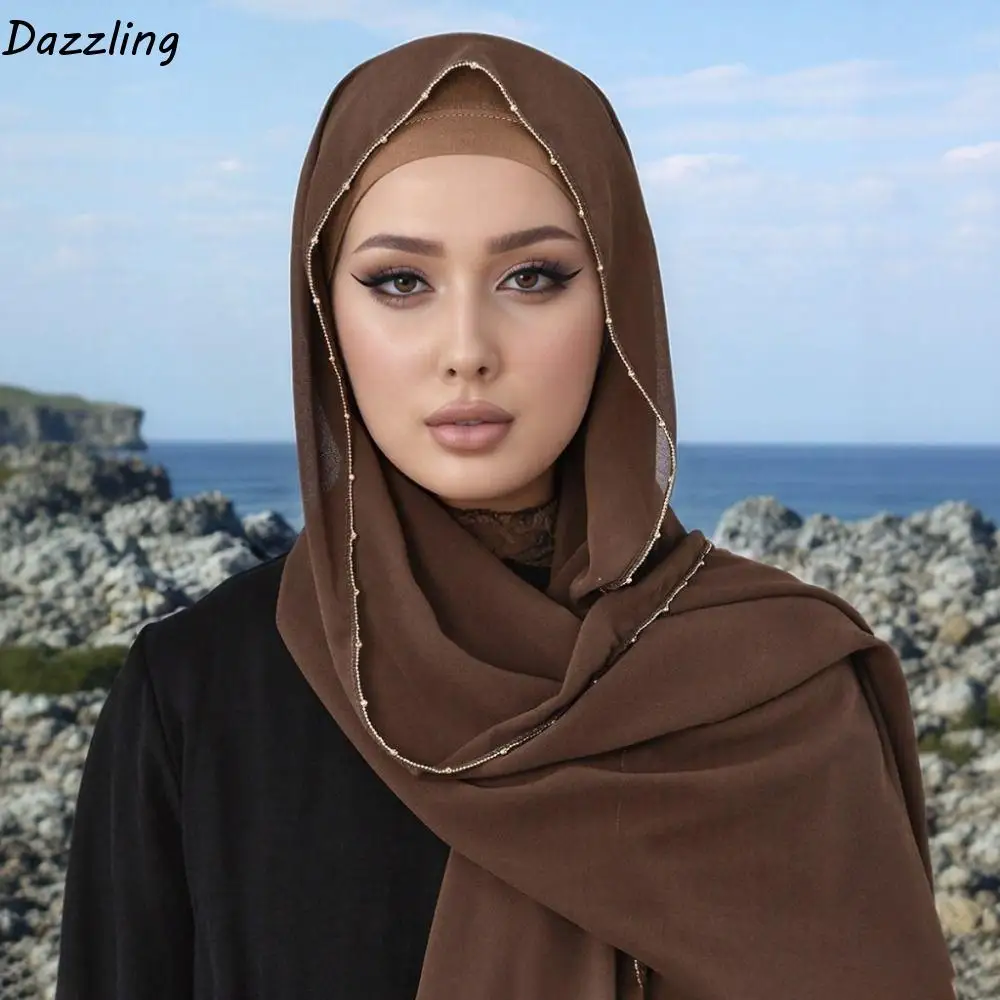 

Fashion Solid Color Ethnic Style Scarf Beads Chain Long Hijab Scarf Thin Bandana Wraps Shawl Women