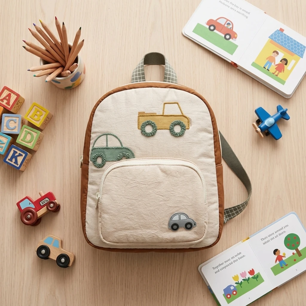 

New Car Embroidery Children S Backpack Lightweight Durable Cotton Material Cute Boys and Girls Kindergarten Preschool Schoolbag