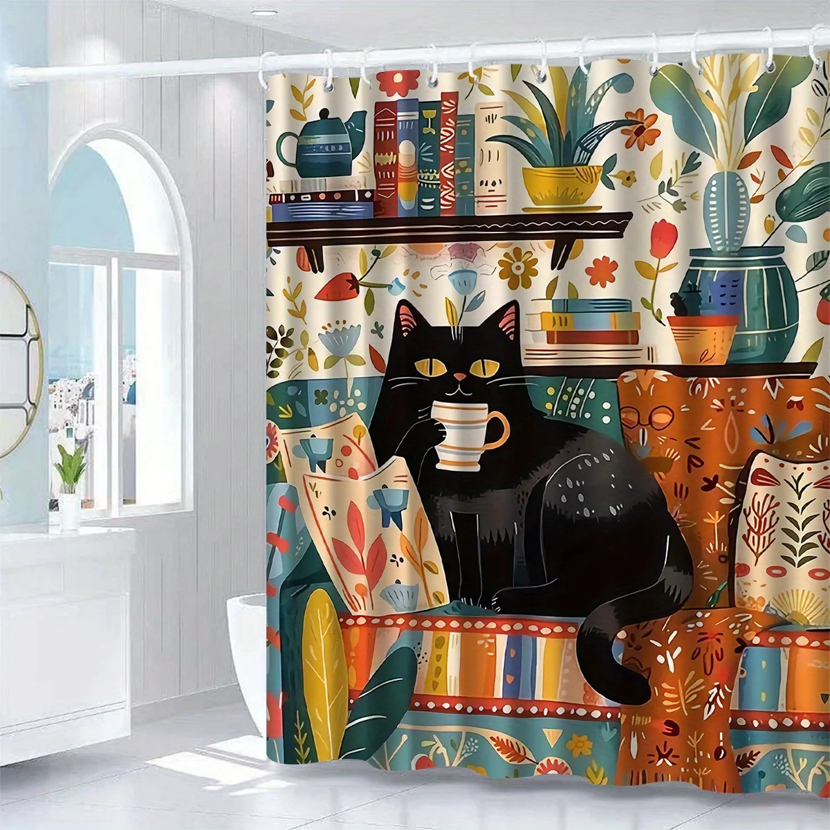 1pc a Black Kitten Design Shower Curtain with Hooks, It Is And Serves As a Bathroom Divider, Perfect for Bathroom Additions And