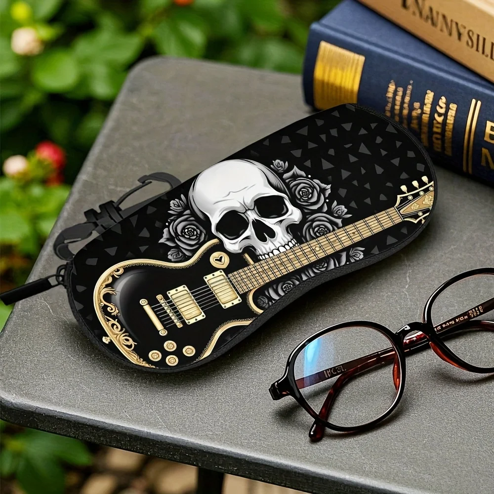 1pc Goth Rock Music Skull Guitar Design Fashion Glass Case, Soft and Durable Eyeglass Box with Buckle Clip, Secure Zippered