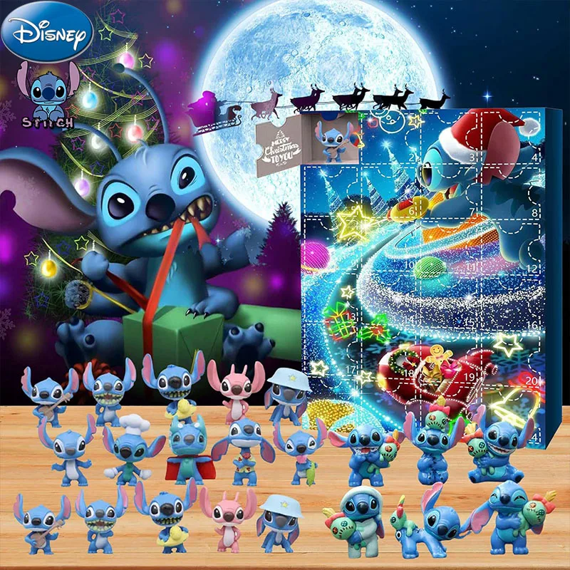 Atacado disney acessórios ponto natal advento calendário caixa cega lilo & stitch modelo boneca anime figuras presente de natal brinquedo do miúdo