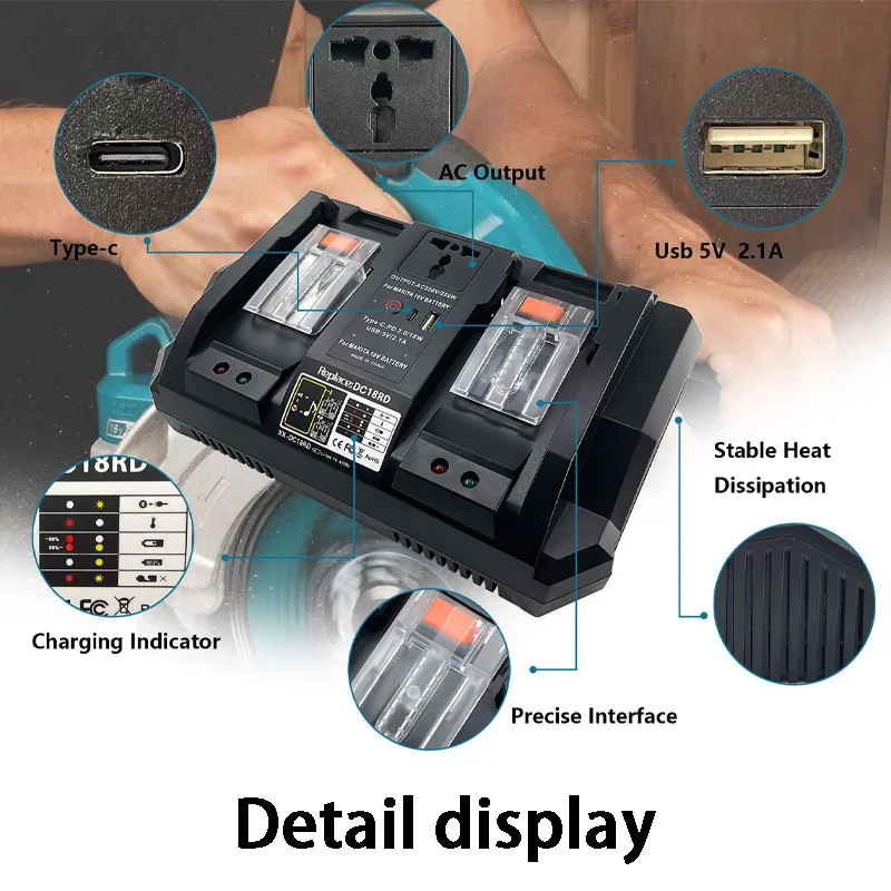 Victpower Dual Voltage Charger For Makita DCB18RD With AC Inverter & QC3.0 Type-C 6A Fast Charging, 110V-220V Auto Switching,