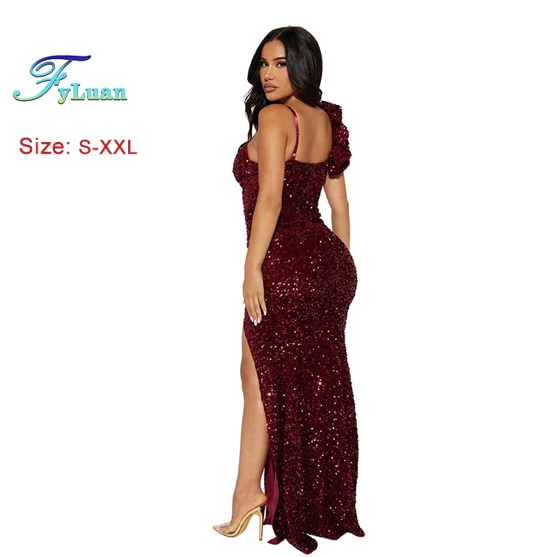 ชุดเดรสยาวแฟชั่นใหม่ปี 2025 สำหรับผู้หญิง สีพื้น สายเดี่ยว แต่งเลื่อม ผ่าข้าง ยาวกรอมพื้น คอวีลึก เหมาะสำหรับงานพรอม