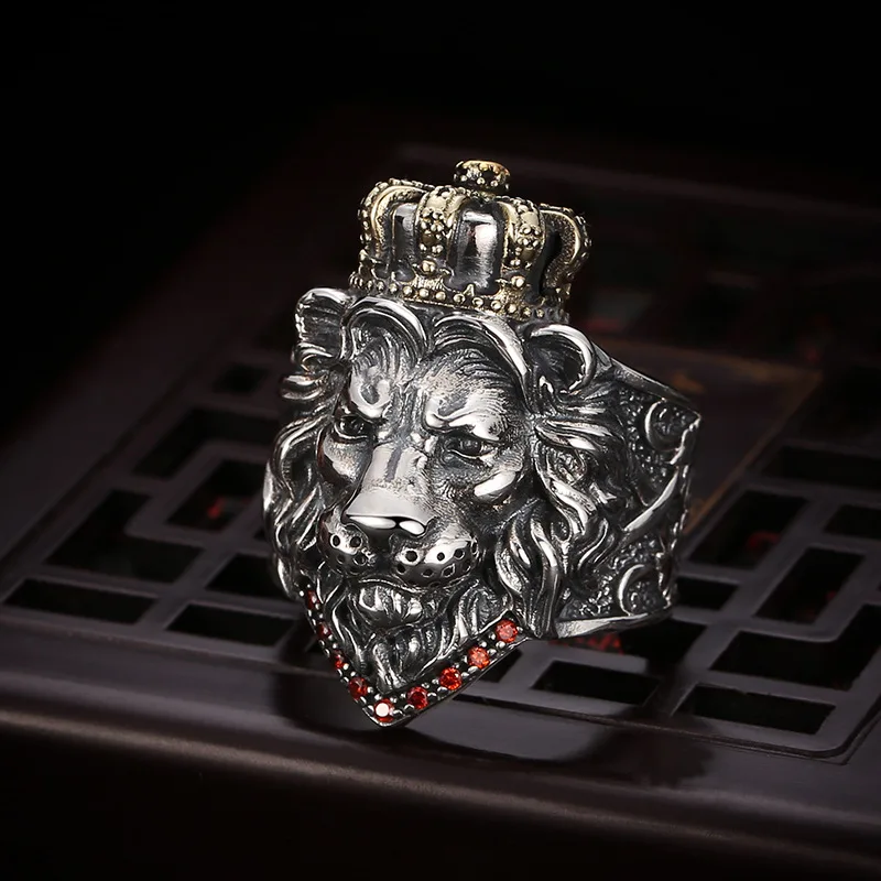 

S925 sterling silver male domineering lion head retro personality punk rock crown male lion open ring trendy ring