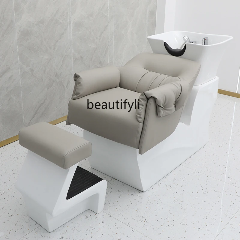 

Barber Shop Half Lying Shampoo Chair for Hair Salon FRP Flushing Bed Ceramic Basin Shampoo Chair