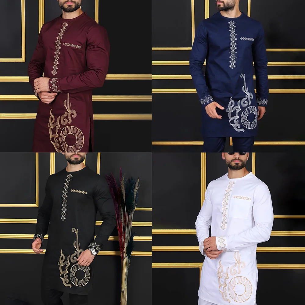 Roupas tradicionais masculinas africanas nigerianas Kaftan Tecido estampado elegante África elegante moda camisas calças conjunto de 2 peças trajes