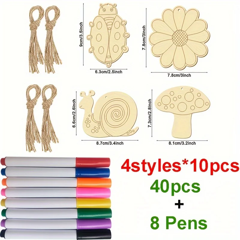

8 Pens+40 Pieces Unfinished Wooden Cutouts Animals,wood Slices Flower Animals Blank Wooden Paint Crafts for Kids Painting, DIY