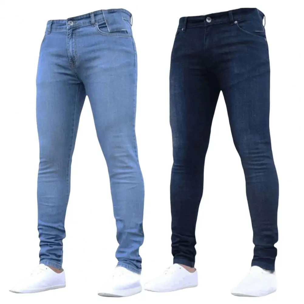 Homens slim fit skinny jeans com zíper, calças lápis, jeans, cintura alta, ajuste, elástico, casual, plus size