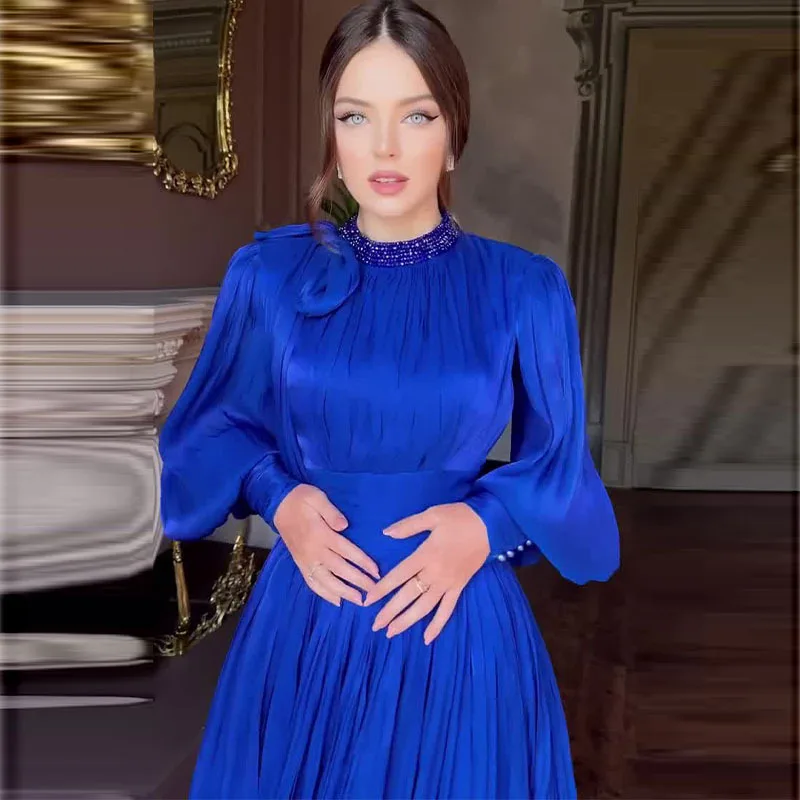우아한 새틴 파티 롱 드레스 여성 2025 여름 패션 솔리드 컬러 긴팔 하이웨이스트 레이스업 맥시 드레스 캐주얼