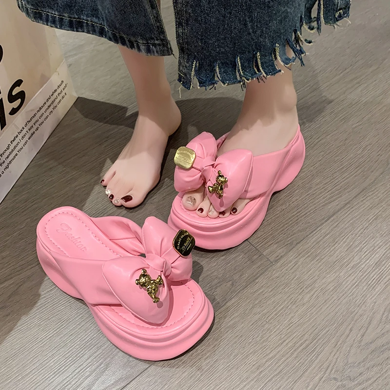 New Summer Cute pink Women Slippers Thick Sole Shoes Casual Platform Beach Flip Flops Leisure Bow tie Sandals Sneakers Woman