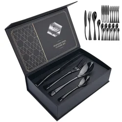 24Pcs/Set  Cutlery Sets 304 Stainless Steel mirror Tableware Knife Forks Spoons Silverware Dinnerware Kitchen Flatware Gift Box