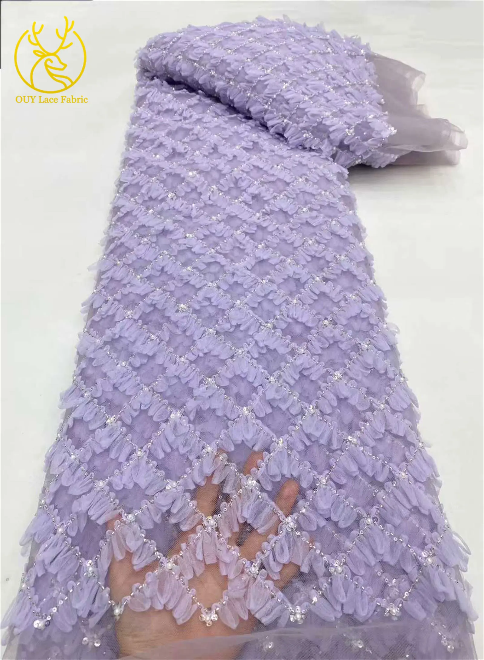 Lila Flieder 3D-Spitzenstoff 2026 Hochwertiger Afrikanischer Pailletten-Perlen-Spitzenstoff für Damen-Abendkleider Nähen 5 Yards – Detail 6