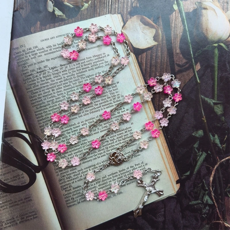 

Flower Beads Crosses Rosary Necklace Hangable Pendants Long Chain for Womens Men Religious Neckchain Praying Meditations
