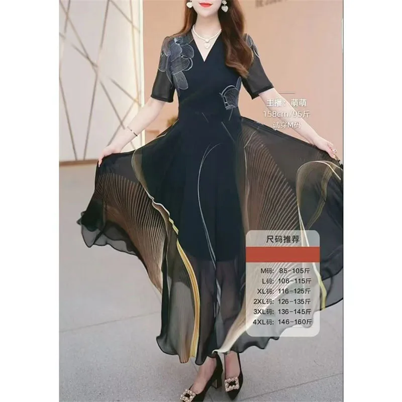 Summer Printing Chiffon Middle-Aged Elderly Mother  Dress Large Size V-Neck Slim Short Sleeved Dresses Women A-line Vestidos 4XL