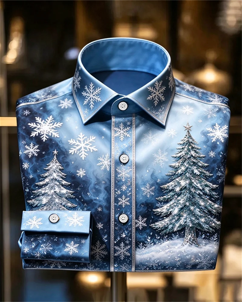 New men's shirt black gray satin flour gold Santa Claus reindeer snowflake plaid print slim fit trendy men's shirt