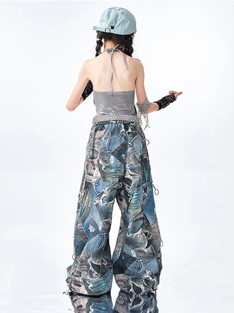 Ropa de Hip Hop para niñas, traje de baile callejero de Jazz para niños, chaleco plateado con entrepierna, pantalones de cimitarra azul, traje de actuación infantil