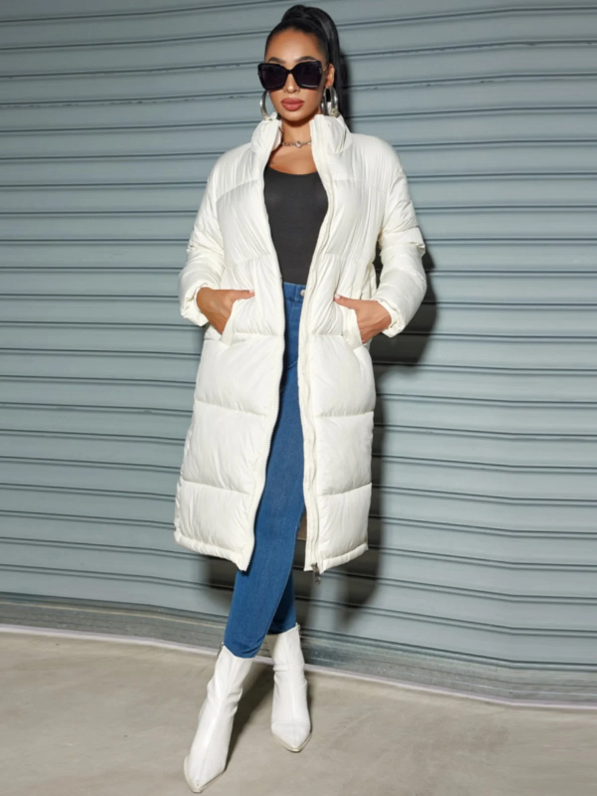 Casaco feminino de inverno Faion com zíper cor pura longo fino ajuste de algodão quente Jaet acima do joelho casaco de algodão Street Sle Thic...